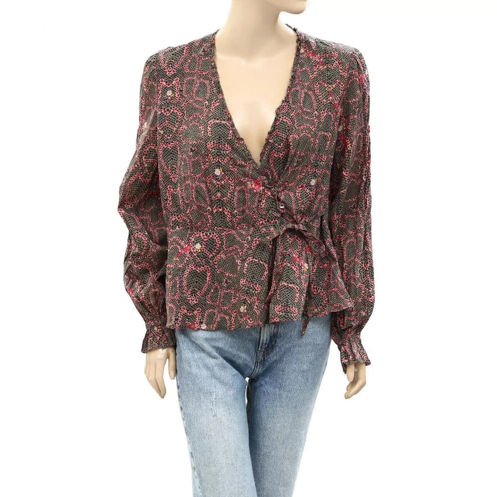 Odd Molly Anthropologie Heart & Floral Printed Wrap Shirt Top Ruffle M-2 259836